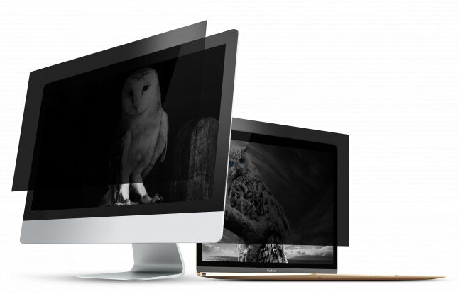 Dwa monitory pokryte osłonami prywatności, pokazujące mroczną scenę z sową na ekranie.