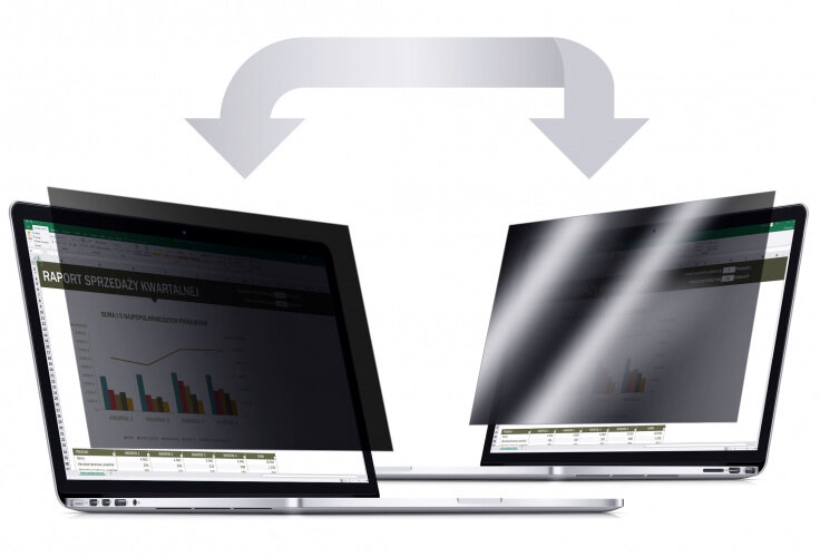 Dwa laptopy. Ochraniacze ekranu nałożone. Jeden ekran jasny, drugi ciemny. Strzałki między ekranami.
