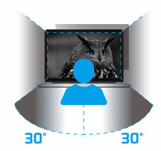 Niebieska postać patrzy na laptopa z wizerunkiem sowy. Kąt widzenia wynosi 30 stopni.