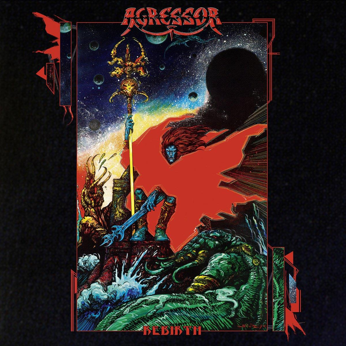 Album borító harcossal, aki botot tart, piros köpeny, fekete űr, bolygók, zöld lények, és az "Aggressor" szó.