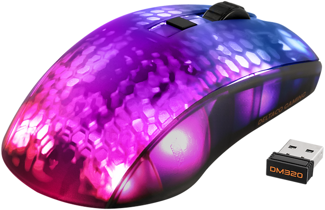 Eine farbenfrohe Gaming-Maus mit sechseckigem Muster. Daneben ein USB-Empfänger.
