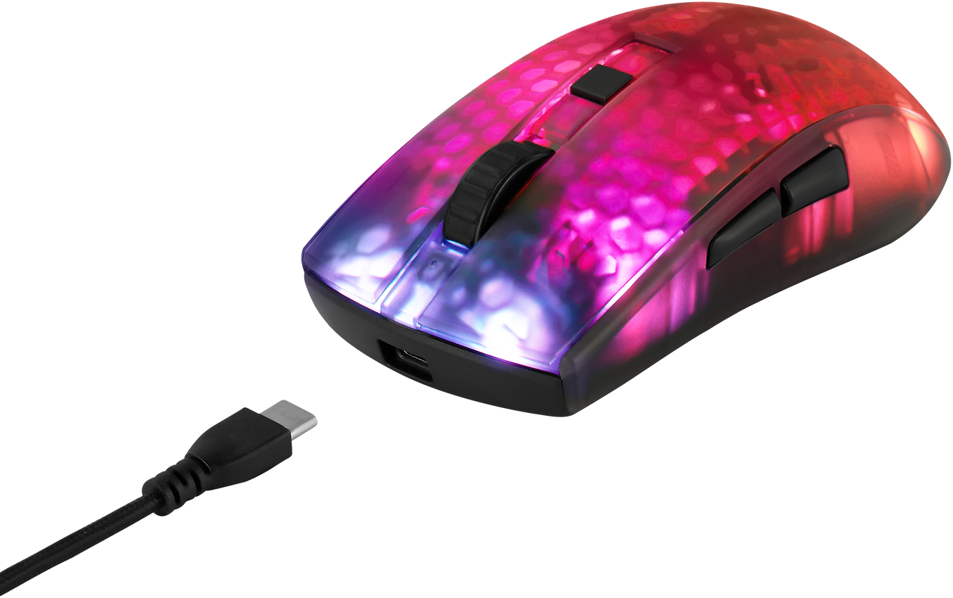 Gaming-Maus mit Farbverlauf und USB-C-Kabel. Maus ist schwarz.