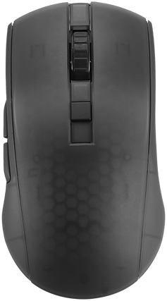 Draufsicht auf eine schwarze Computermaus mit mehreren Tasten und einem Scrollrad.
