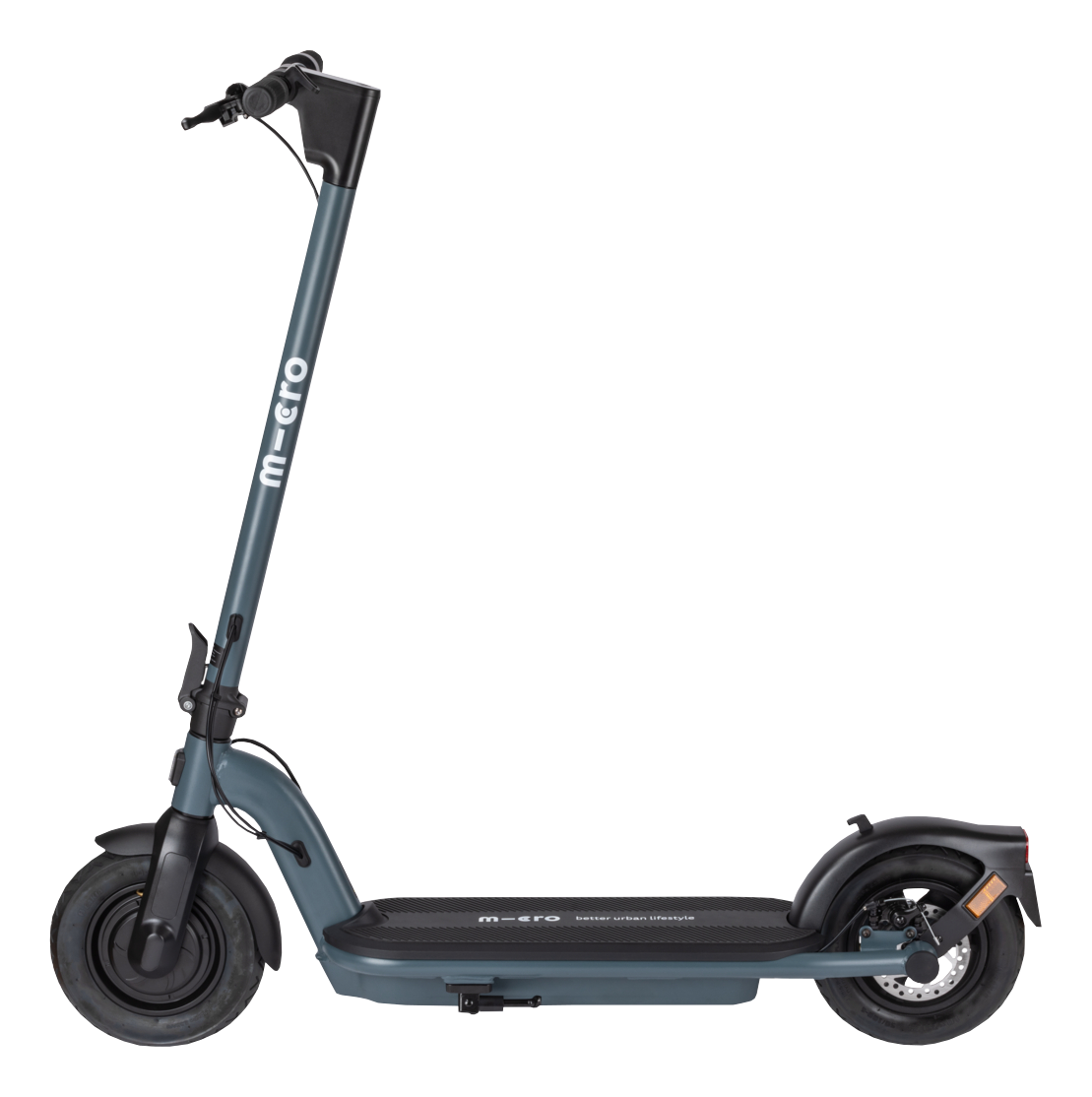 Scooter elettrico blu e nero. Presenta manubrio, pedana e ruote. Lo sfondo è nero.