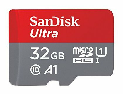 Czerwona i szara karta microSD SanDisk Ultra. Zawiera tekst wskazujący pojemność i prędkość.