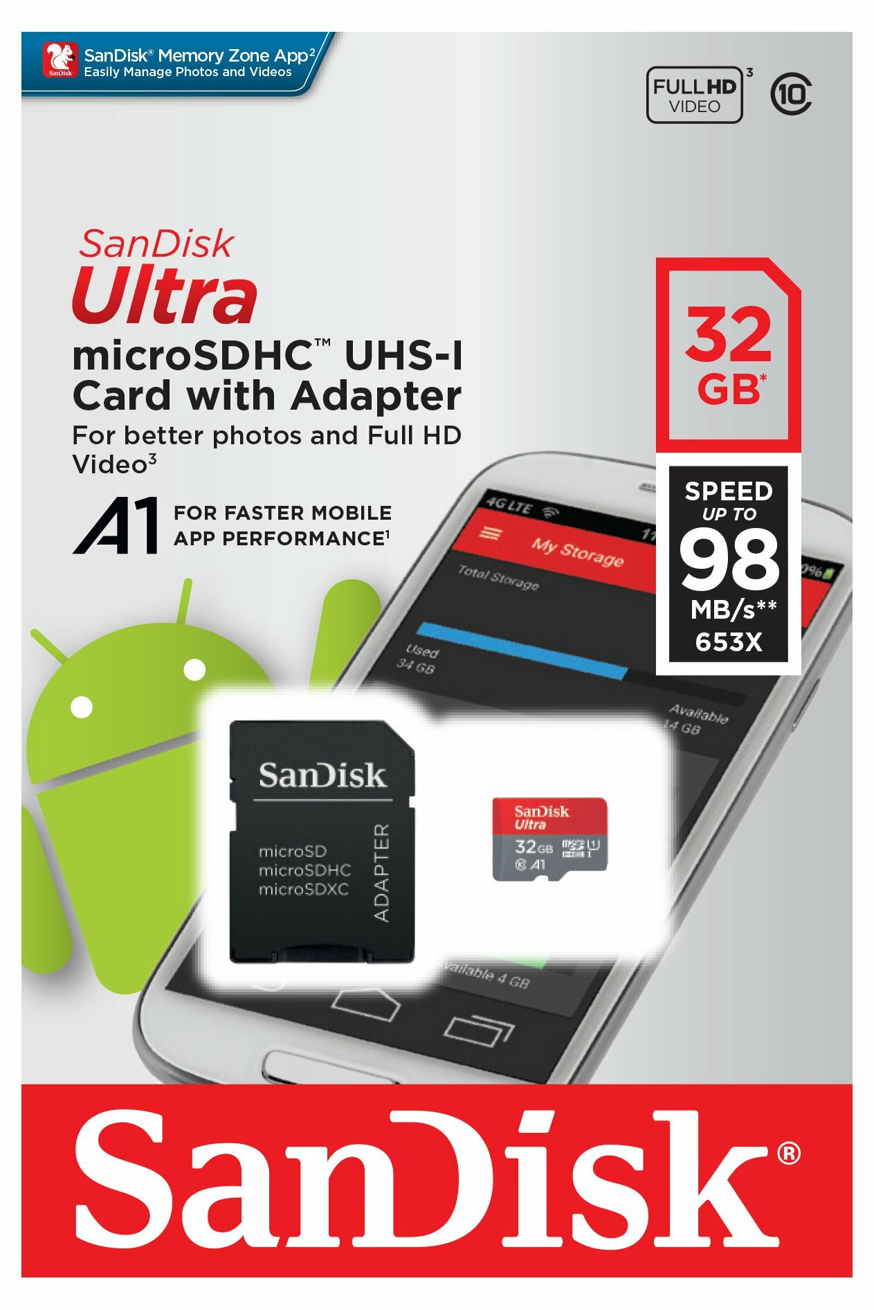 Karta i adapter Sandisk Ultra microSD. Ekran telefonu pokazuje szczegóły pamięci. Tekst: 32GB.