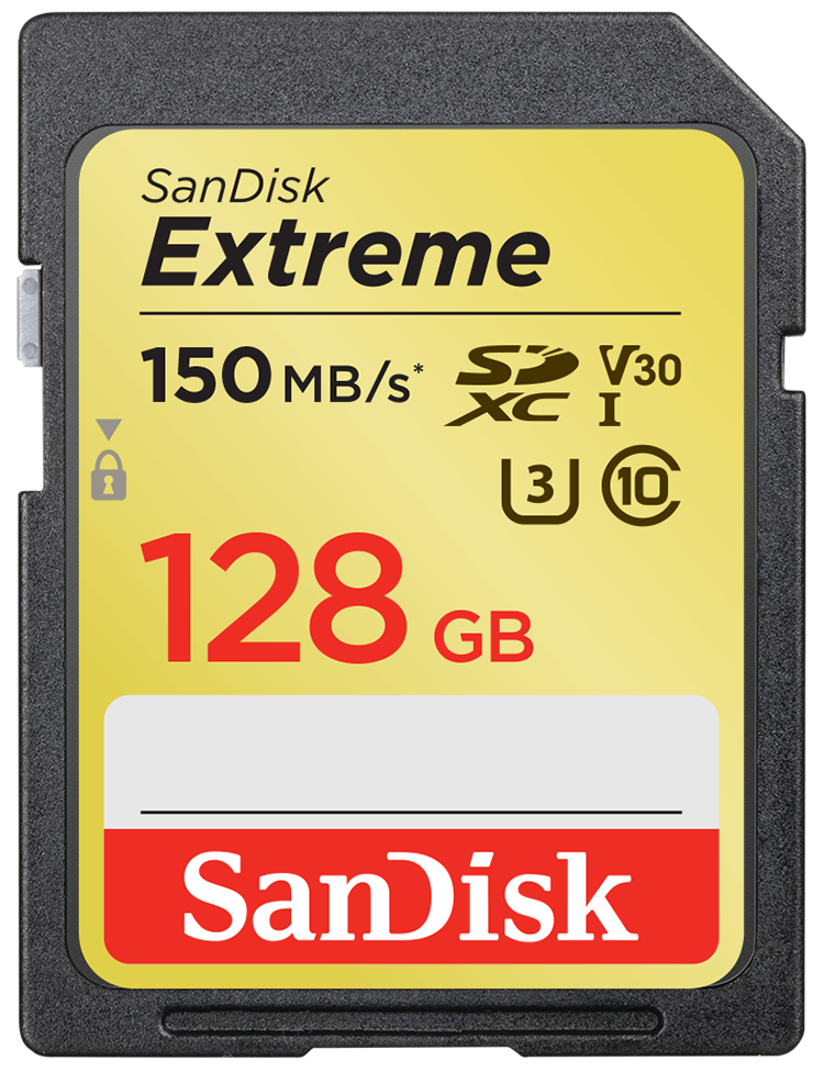 Karta SD SanDisk Extreme. Żółta karta z czarnym tekstem: 128 GB, 150 MB/s.