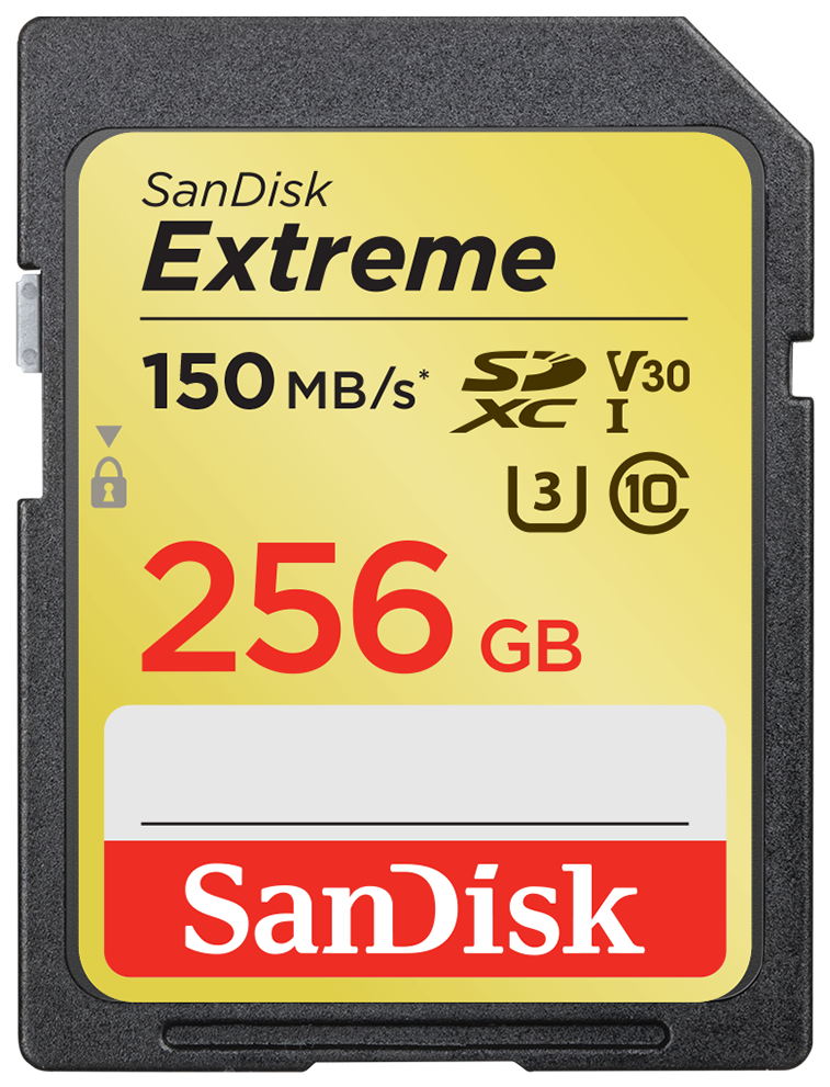 Karta SD Sandisk Extreme: 256 GB, żółto/czerwona, z tekstem i logo.