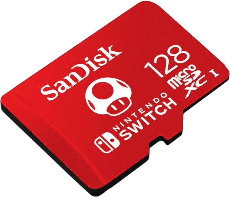 Czerwono-biała karta microSD Nintendo Switch. Widoczne logo marki.