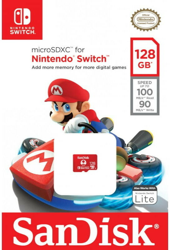 Opakowanie karty do gier Nintendo Switch. Opakowanie zawiera Mario w samochodzie i logo Sandisk.