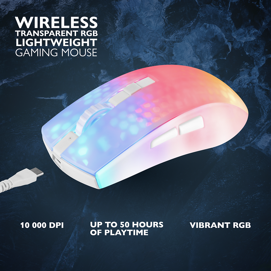 Kabellose Gaming-Maus mit RGB-Beleuchtung, die Design und Funktionen zeigt.