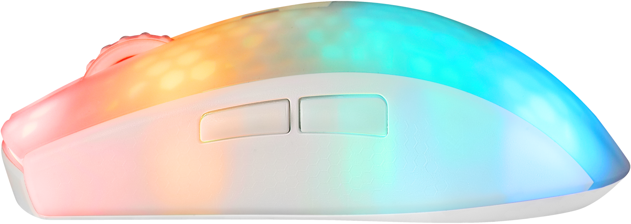 Weiße Gaming-Maus mit zwei Seitentasten und RGB-Beleuchtung.