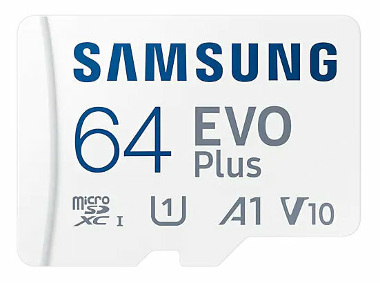 Biała karta SD z niebieskim tekstem: SAMSUNG 64 EVO Plus, z logo.