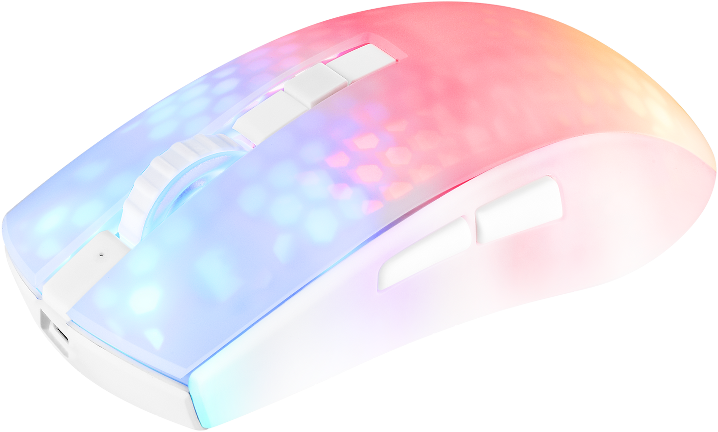 Eine weiße Gaming-Maus mit RGB-Beleuchtung. Sie hat mehrere Tasten und ein Scrollrad.
