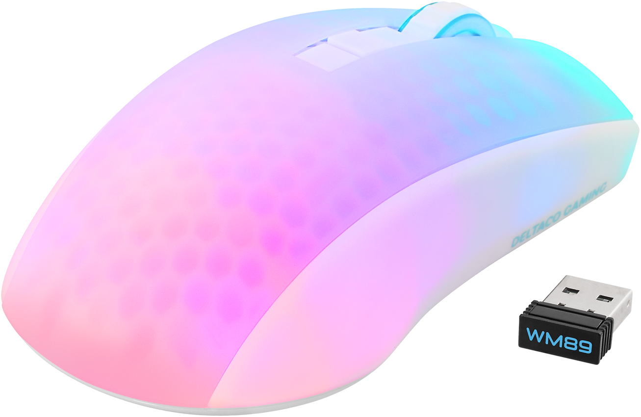 Weiße und farbenfrohe Gaming-Maus mit USB-Empfänger.