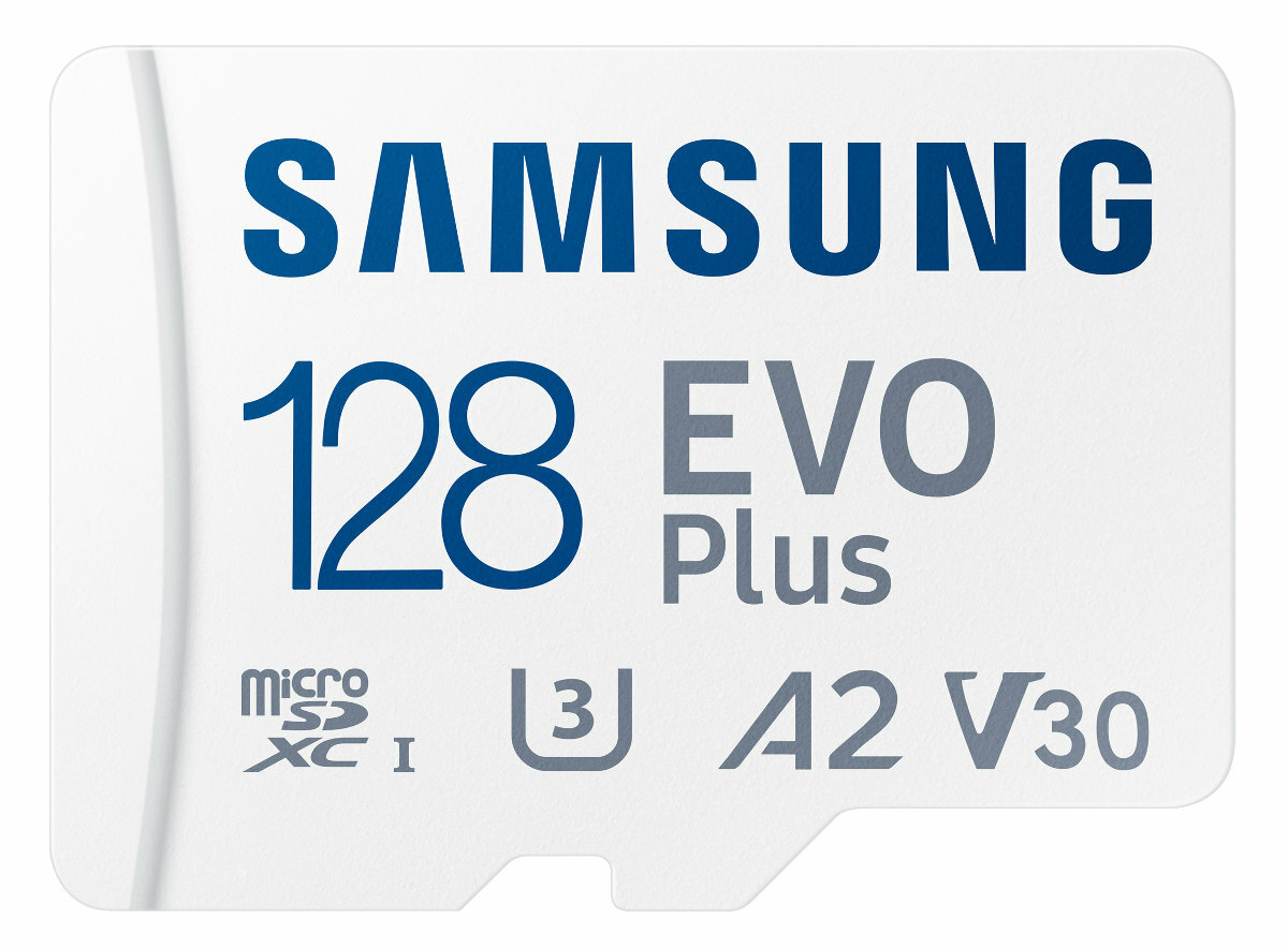 Biała karta micro SD z niebieskim tekstem. Zawiera 'SAMSUNG 128 EVO Plus' i inne szczegóły.