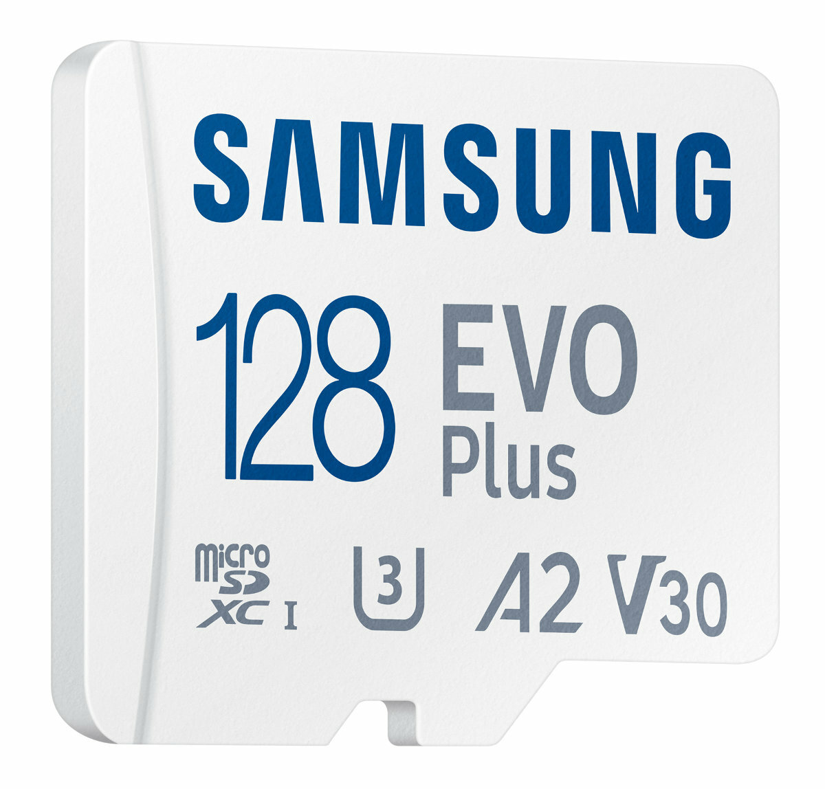 Biała karta micro SD Samsung 128 EVO Plus z tekstem, niebieski tekst.
