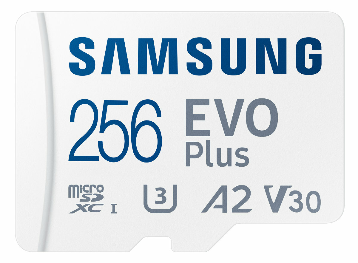 Biała karta MicroSD Samsung z tekstem, m.in. '256 EVO Plus' i 'MicroSDXC I'.