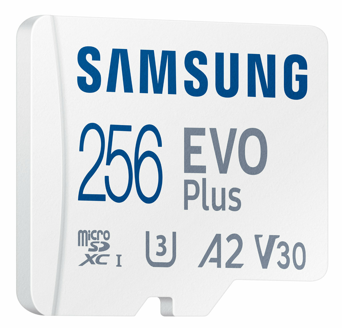 Biała karta microSD Samsung 256 EVO Plus. Tekst: 256, EVO Plus, Micro SDXC, U3, A2 V30.