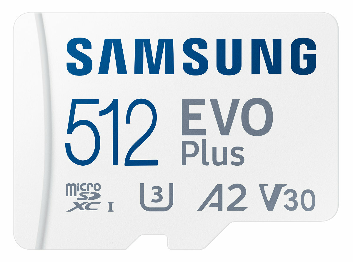 Karta microSD Samsung 512 EVO Plus z tekstem i marką.