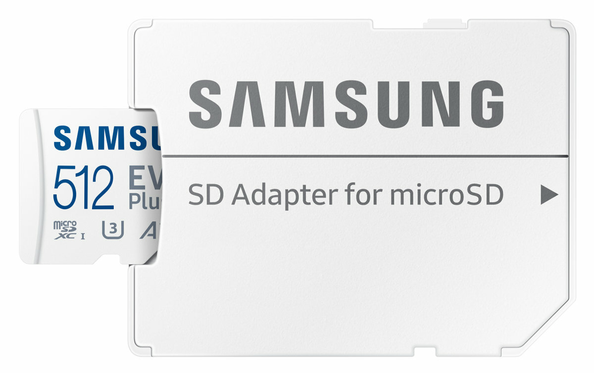 Biały adapter karty SD Samsung z włożoną kartą micro SD, oznaczony logo Samsung.