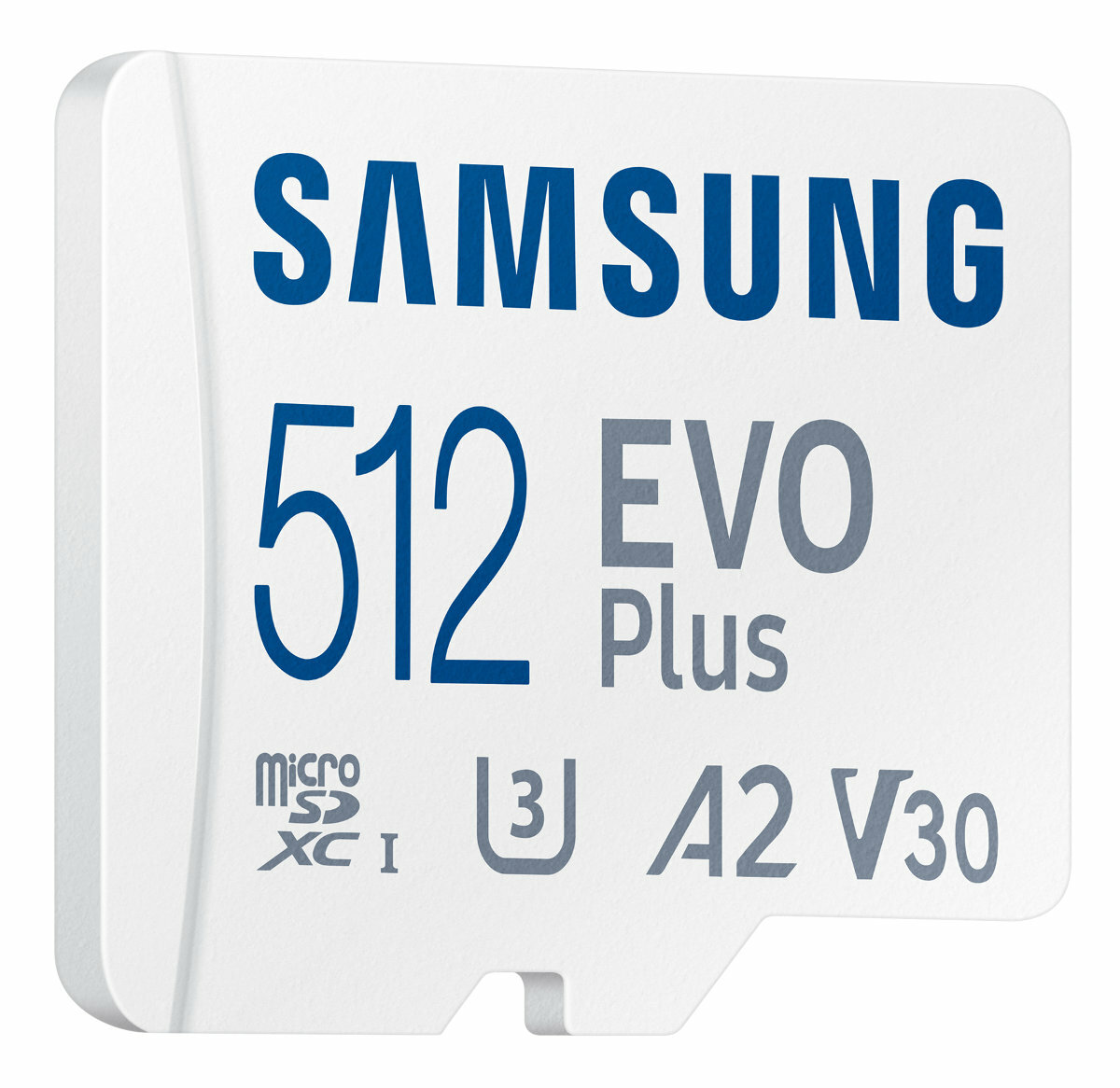 Biała karta microSD z niebieskim logo i tekstem Samsung. Na białym tle. Tekst: 512 EVO Plus.