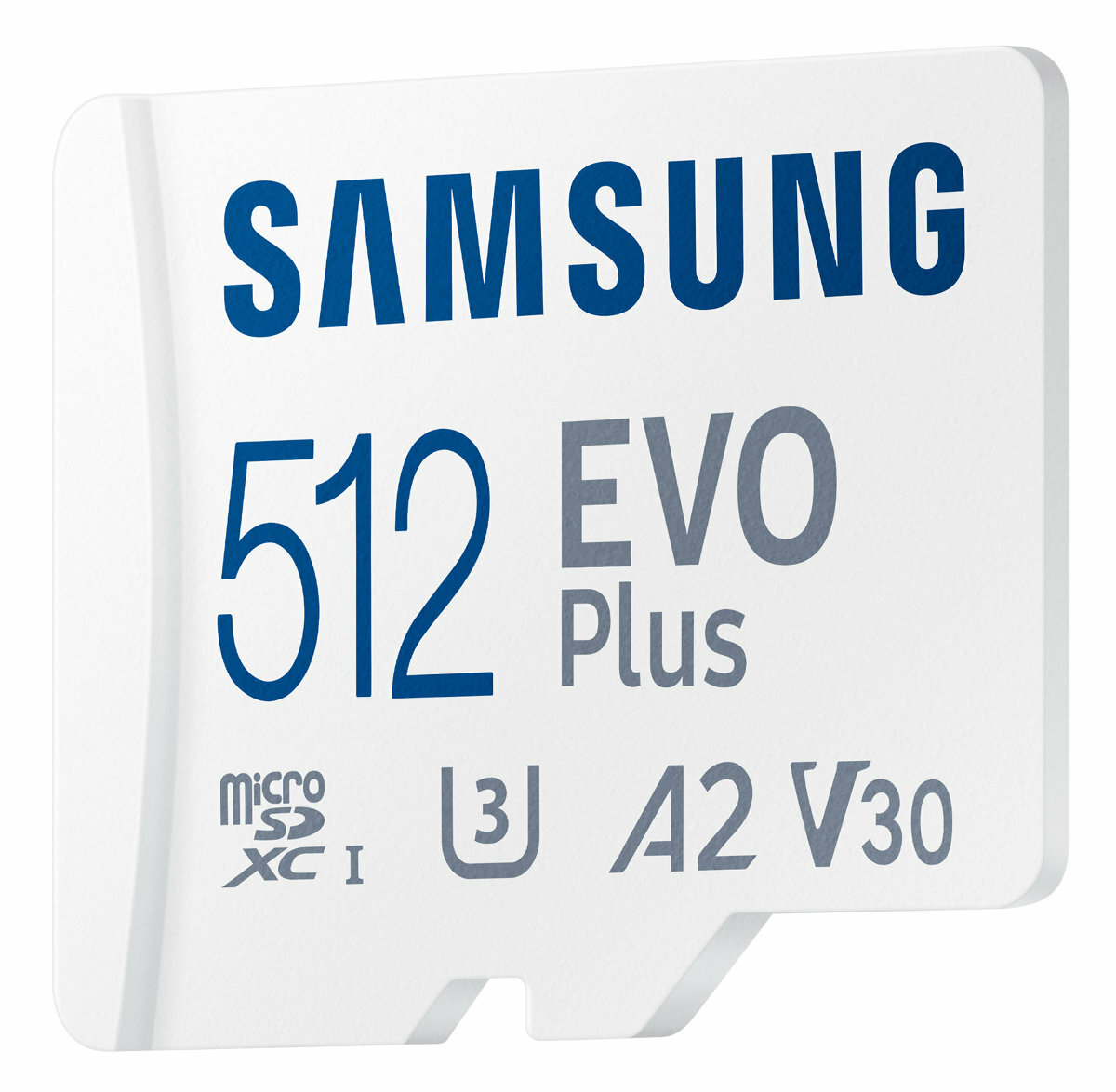 Biała karta microSD Samsung 512 EVO Plus, z niebieskim tekstem, pokazująca pojemność i specyfikacje.