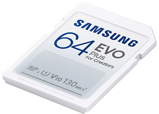 Biała karta SD Samsung 64 EVO Plus, tekst i logo.