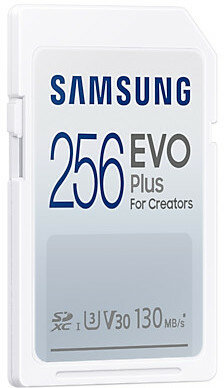 Biała karta SD Samsung 256 EVO Plus. Duży tekst i logo z przodu.
