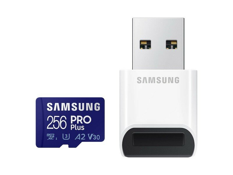 Karta SD Samsung i adapter USB. Niebieska karta z białym adapterem.