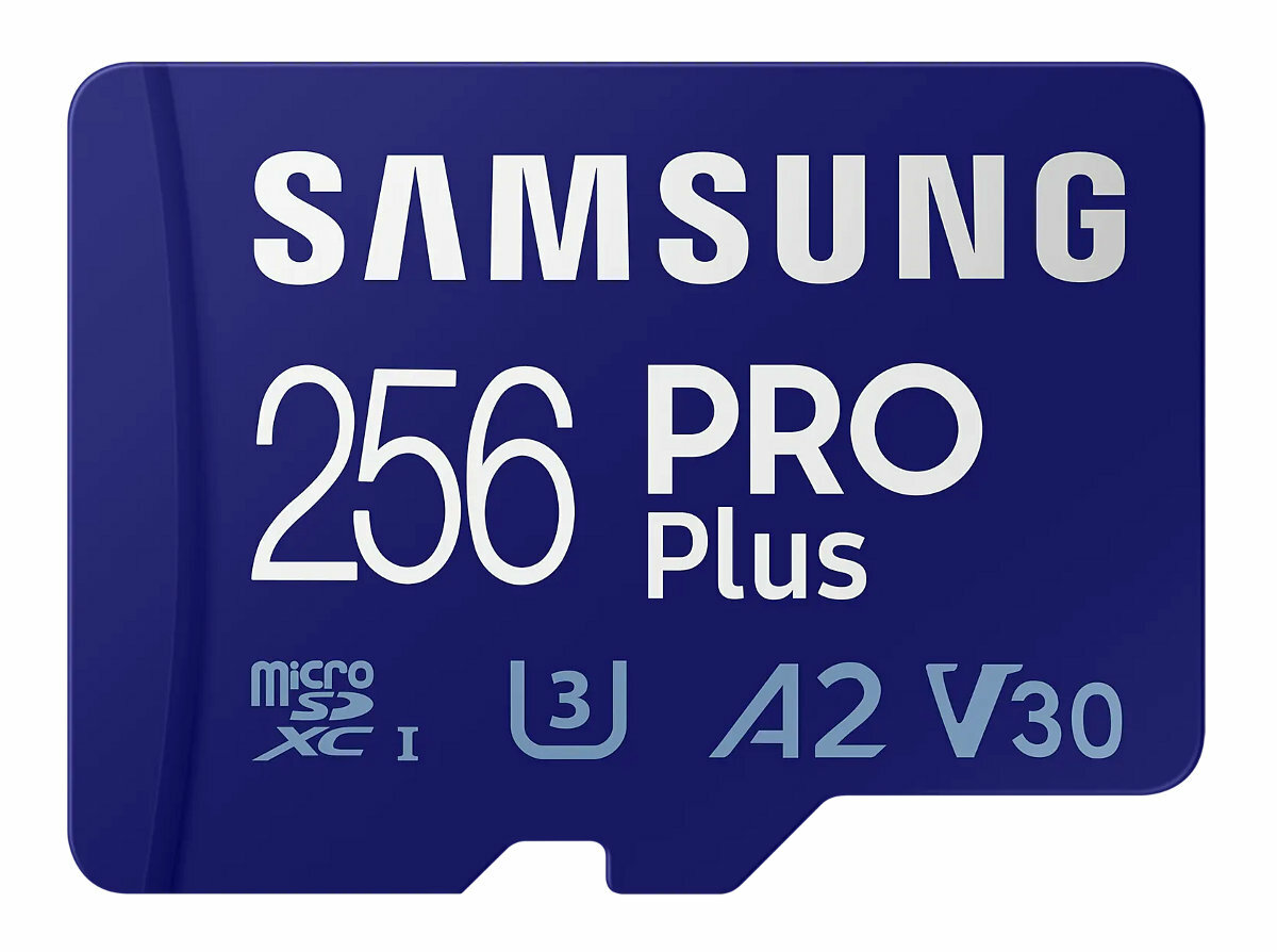 Niebieska karta micro SD Samsung z tekstem: 256 PRO Plus, micro SDXC I, U3, A2, V30.