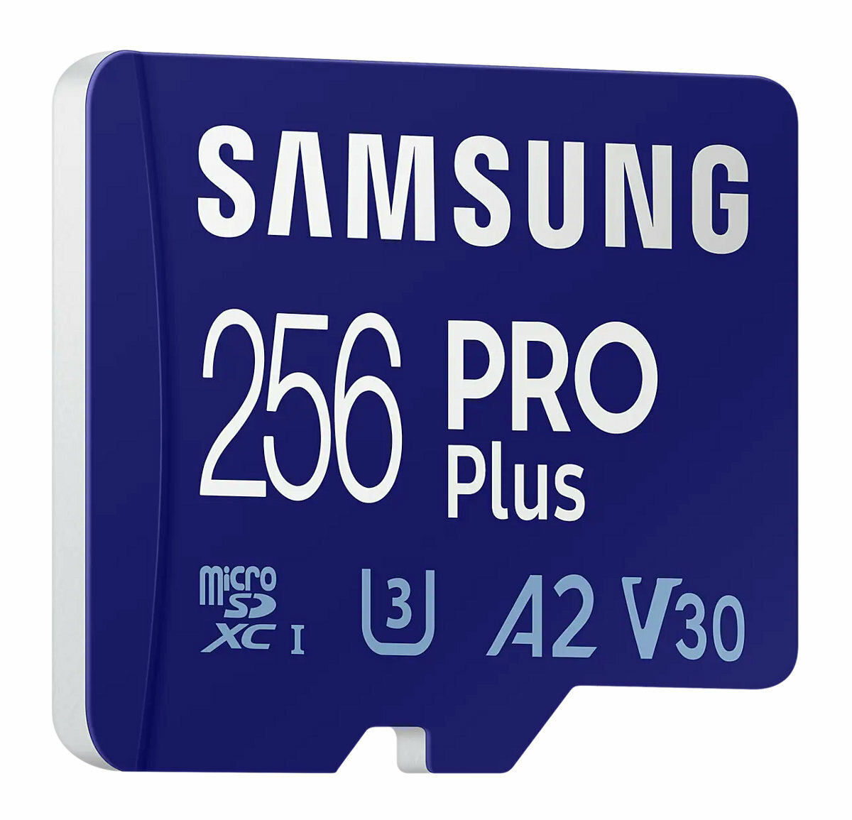 Niebieska karta microSD Samsung 256 PRO Plus z białym tekstem i logo.