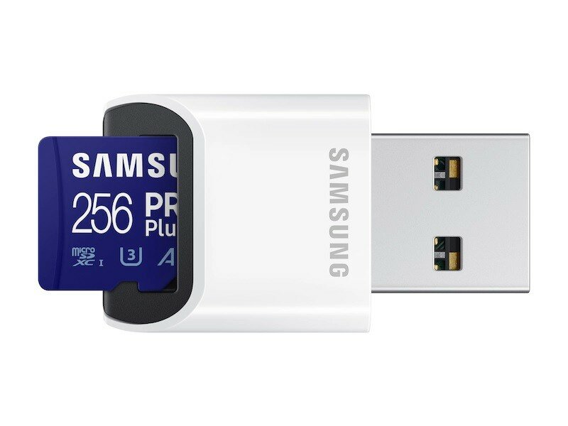 Biało-czarny adapter karty micro SD Samsung z włożoną niebieską kartą SD.