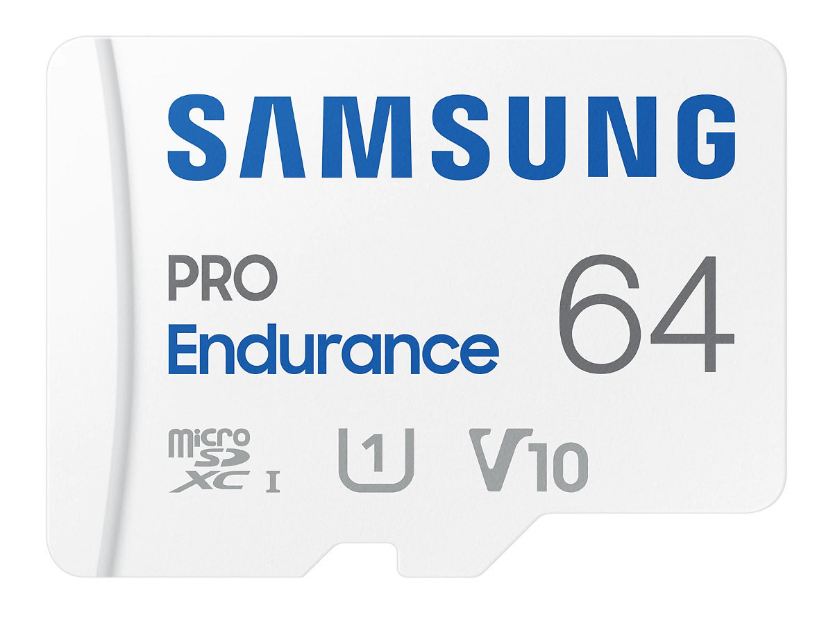 Biała karta micro SD z etykietą Samsung PRO Endurance i innym tekstem, wyizolowana na białym tle.