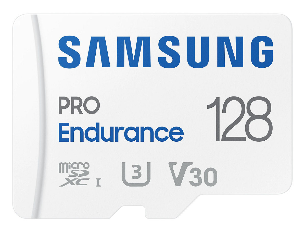 Karta microSD z tekstem 'SAMSUNG PRO Endurance 128' i ikonami.