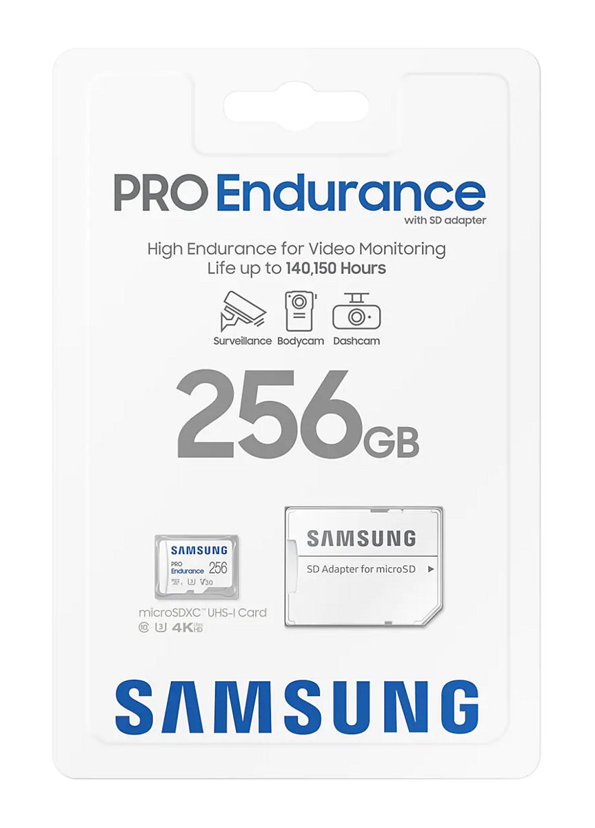 Karta SD Samsung Pro Endurance 256GB w opakowaniu. Białe tło. Tekst i obrazy produktu.