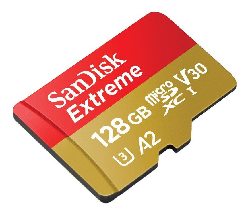 Karta microSD SanDisk Extreme w kolorach czerwonym i złotym.
