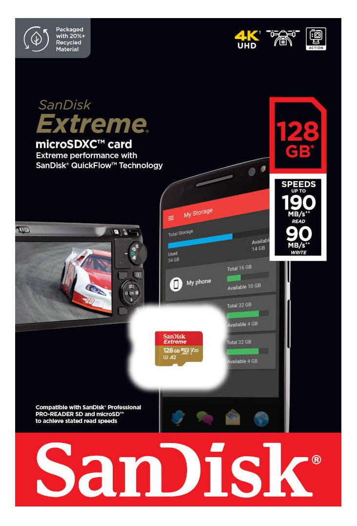 Karta SanDisk Extreme microSDXC i smartfon na czarno-czerwonym tle.