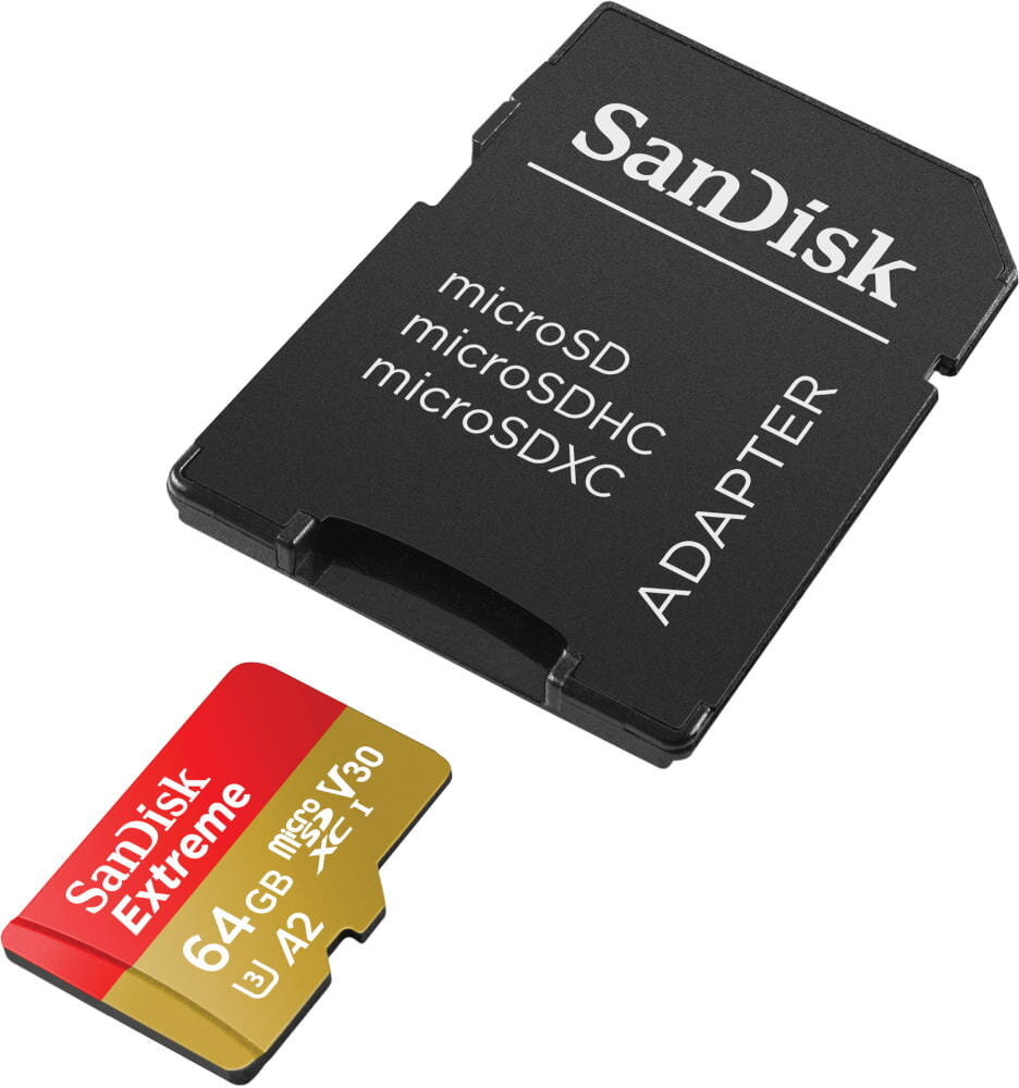 Karta SD SanDisk i adapter. Karta SD jest czerwono-złota, adapter czarny.