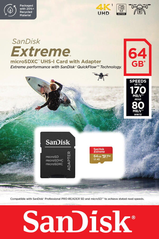 Opakowanie karty microSD SanDisk Extreme z surferem, dronem i szczegółami produktu, czerwone i białe.