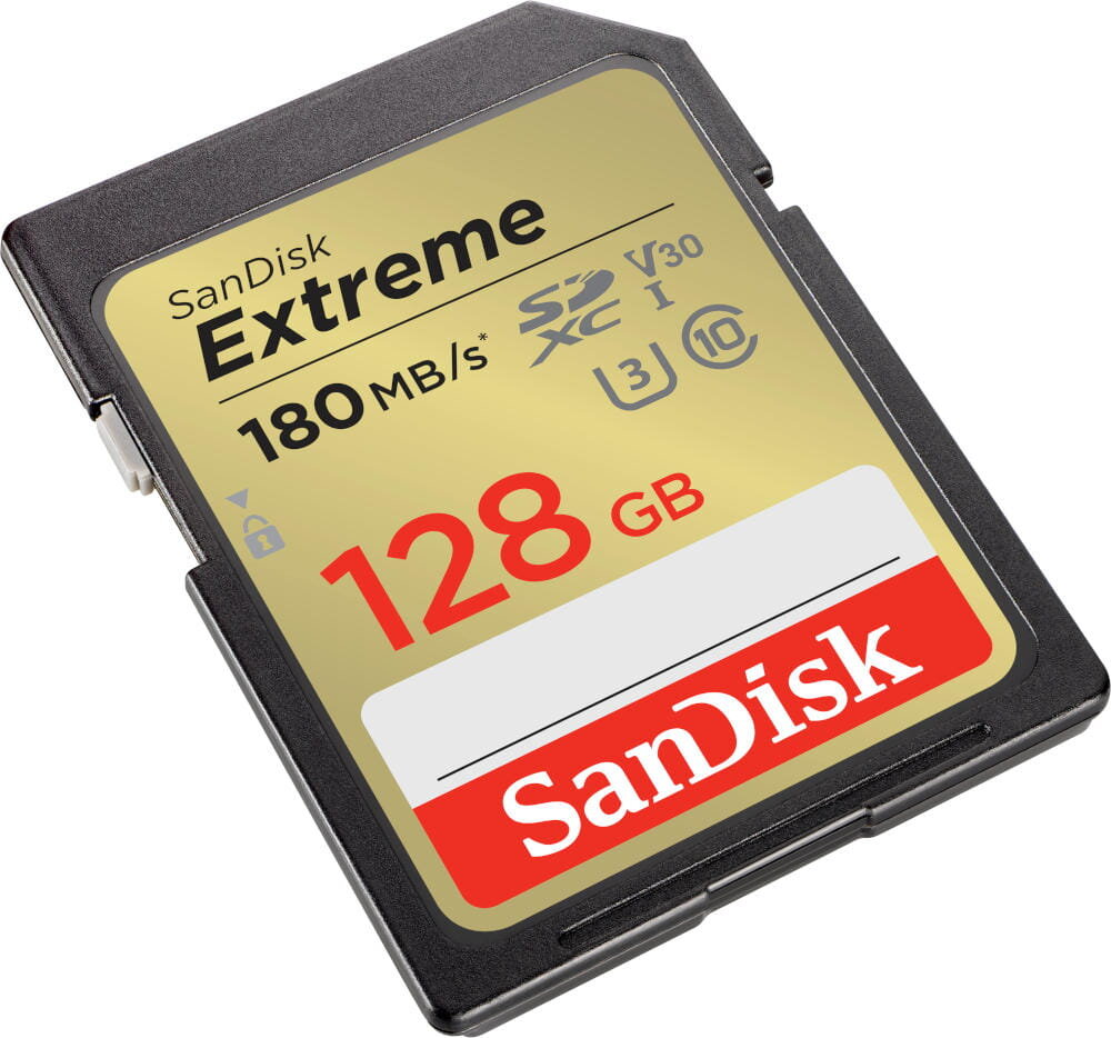 Karta SD Sandisk Extreme, z tekstem i szczegółami.