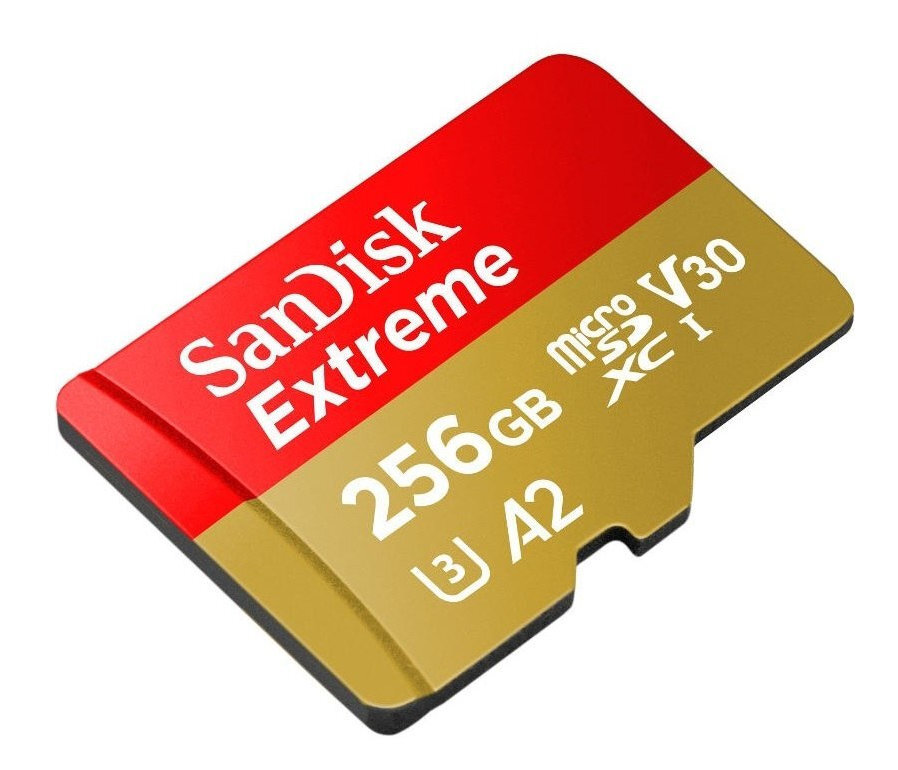 Czerwono-złota karta SanDisk Extreme microSD z oznaczeniami 256GB, A2 i V30.