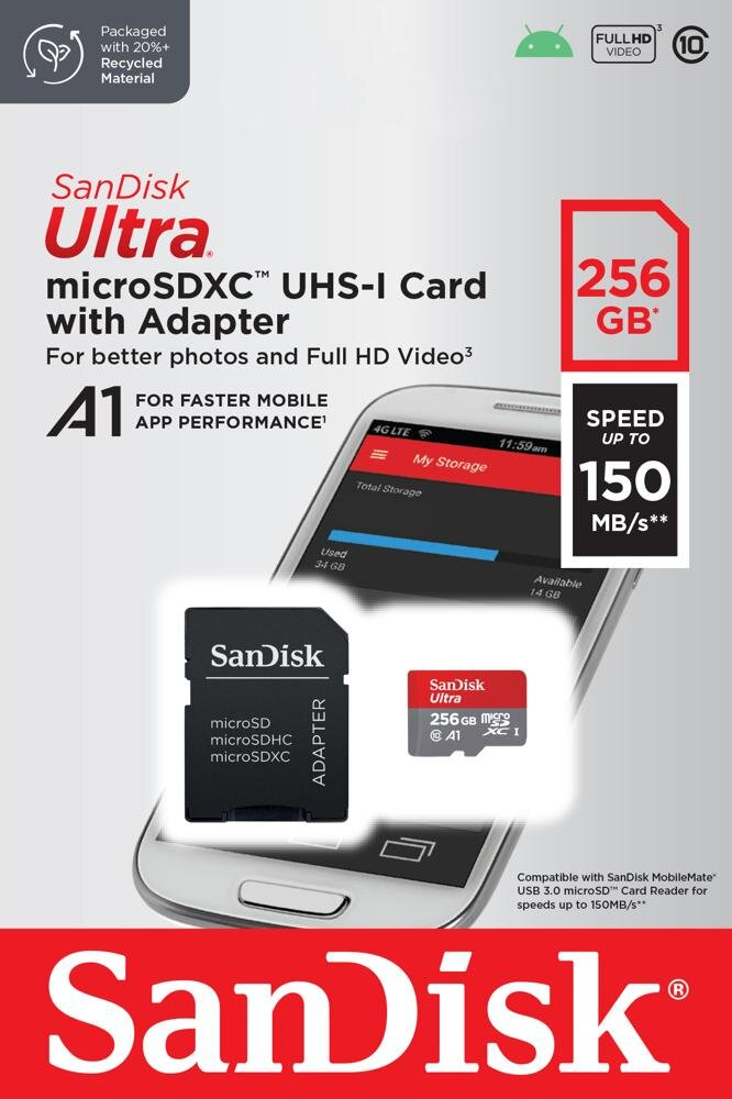 Karta Sandisk Ultra microSDXC UHS-I z adapterem, opakowanie z tekstem.