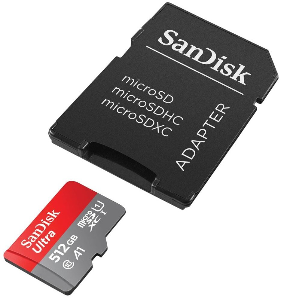Dwie karty SD. Jedna czerwono-czarna karta microSD SanDisk Ultra i czarny adapter. Białe tło.