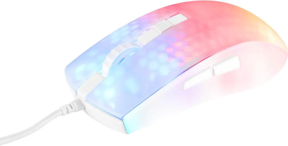 Weiße Maus, beleuchtet mit Regenbogenfarben, mit weißem Kabel auf weißem Hintergrund.