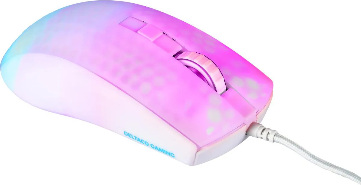 Rosa Gaming-Maus mit weißem Kabel. Das Logo ist Deltaco Gaming.