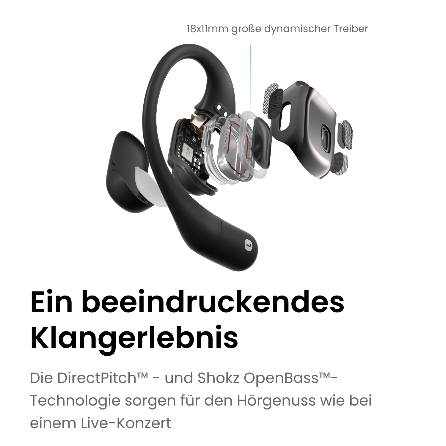 Schnittansicht von schwarzen Kopfhörern mit Innenkomponenten. Text: 'Ein beeindruckendes Klangerlebnis'.