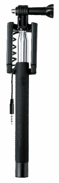 Czarny kijek do selfie z mocowaniem kamery i kablem audio.