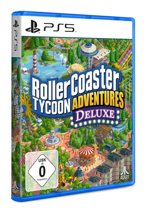 PS5-Spielhülle für RollerCoaster Tycoon Adventures Deluxe. Zeigt eine Vergnügungspark-Szene. Blaue Hülle.