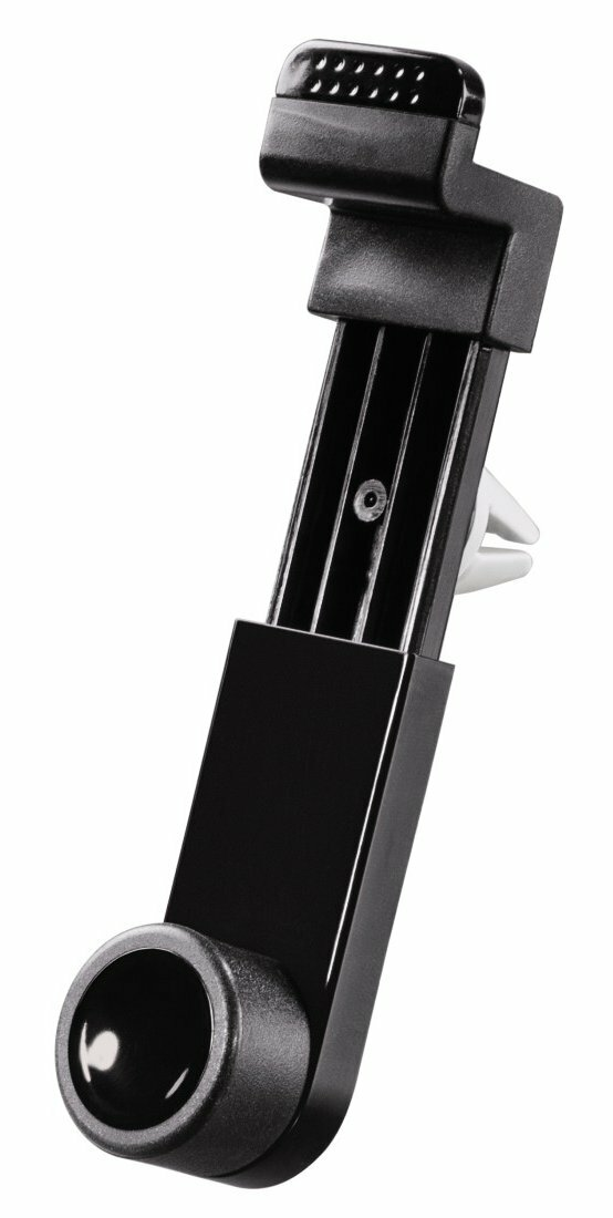 Czarny uchwyt na telefon do kratki wentylacyjnej w samochodzie. Posiada regulowaną konstrukcję.